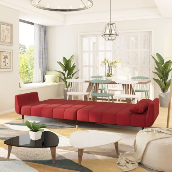 kétszemélyes bordó bársony kanapéágy két párnával