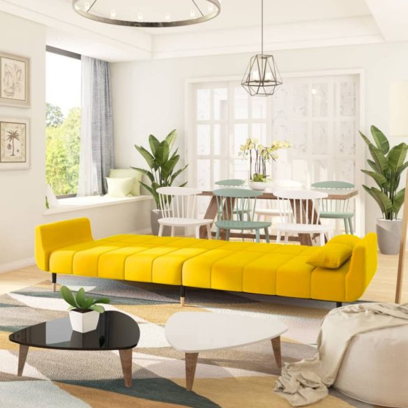 kétszemélyes sárga bársony kanapéágy 2 párnával