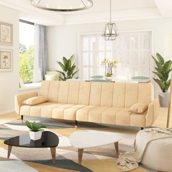 kétszemélyes krémszínű bársony kanapéágy két párnával