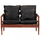 fekete 2 személyes valódi bőr és tömör akácfa kanapé