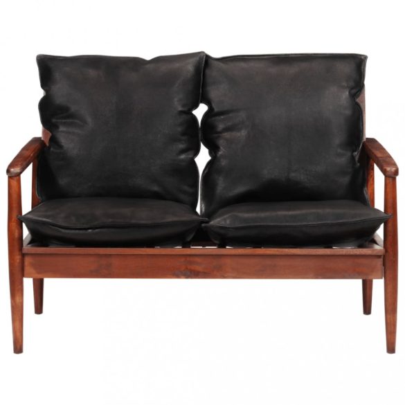 fekete 2 személyes valódi bőr és tömör akácfa kanapé