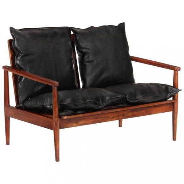 fekete 2 személyes valódi bőr és tömör akácfa kanapé