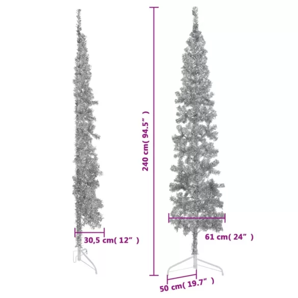 ezüst vékony fél műkarácsonyfa állvánnyal 240 cm