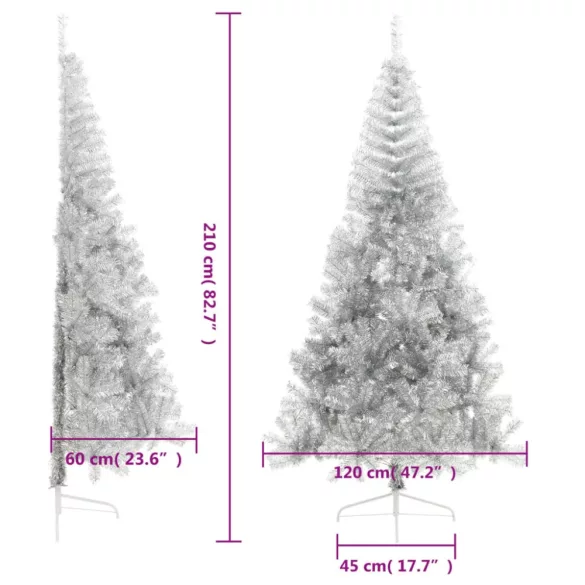 ezüstszínű PET fél műkarácsonyfa állvánnyal 210 cm