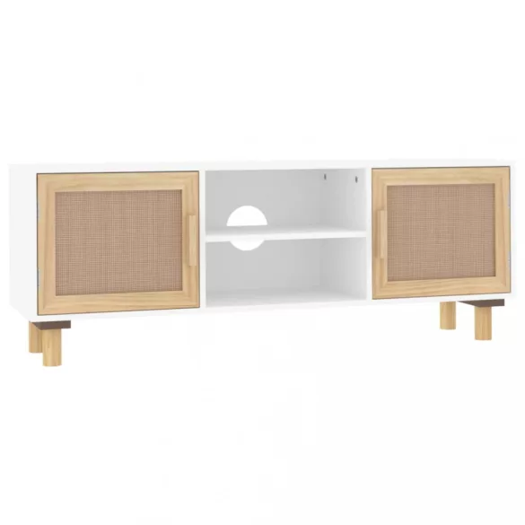fehér fenyőfa és természetes rattan TV-szekrény 105x30x40 cm