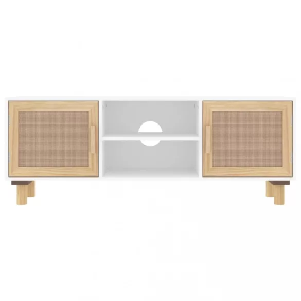 fehér fenyőfa és természetes rattan TV-szekrény 105x30x40 cm