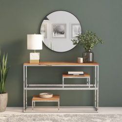   ezüstszínű rozsdamentes acél és tömör akácfa tálalóasztal