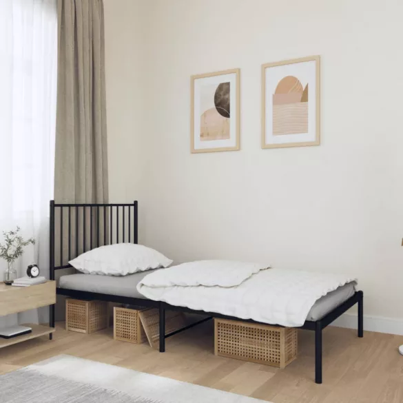 fekete fém ágykeret fejtámlával 90 x 190 cm