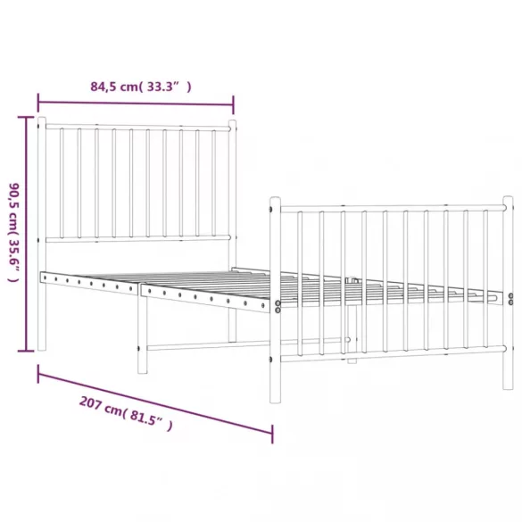 fekete fém ágykeret fej- és lábtámlával 80 x 200 cm
