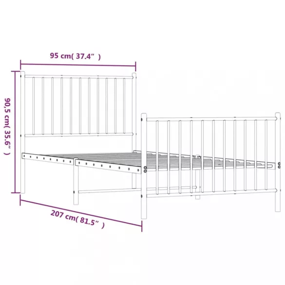 fekete fém ágykeret fej- és lábtámlával 90 x 200 cm