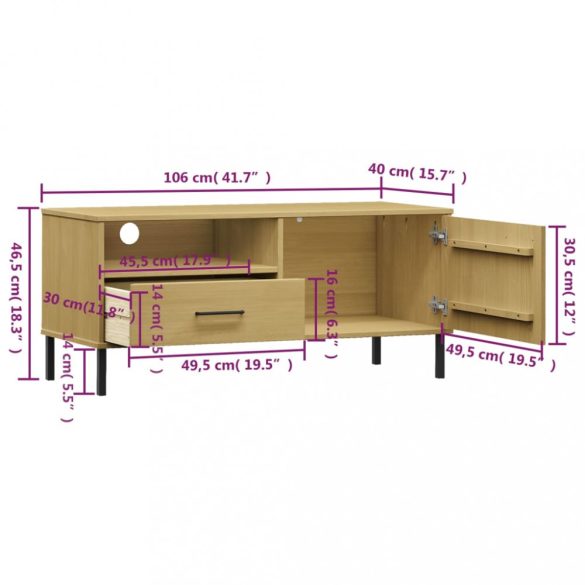 OSLO barna tömör fenyőfa TV-szekrény fém lábakkal