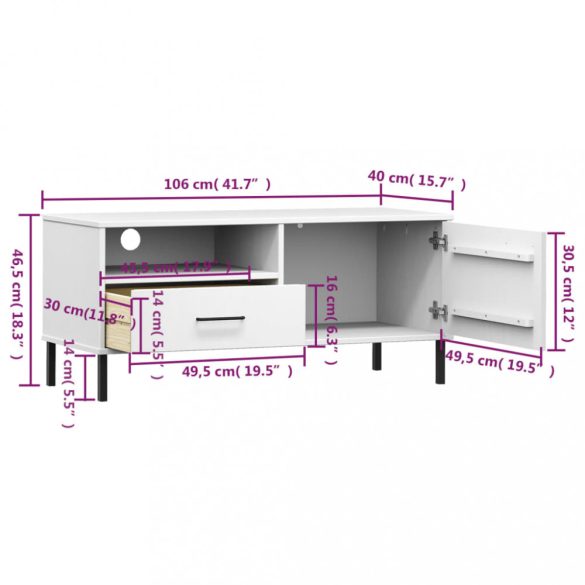 OSLO fehér tömör fenyőfa TV-szekrény fém lábakkal