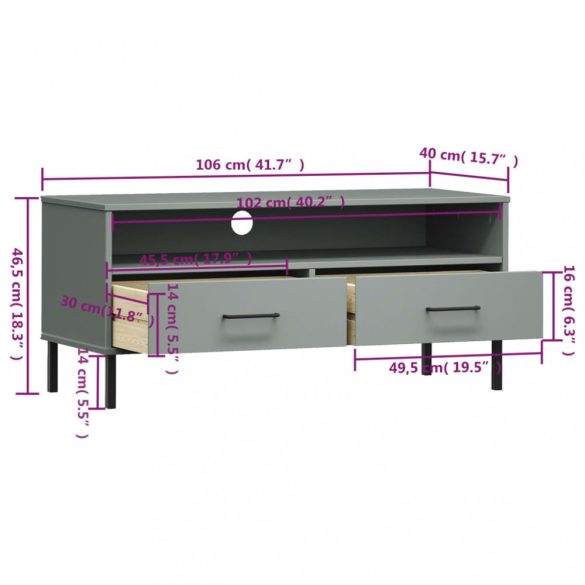 OSLO szürke tömör fenyőfa TV-szekrény fém lábakkal