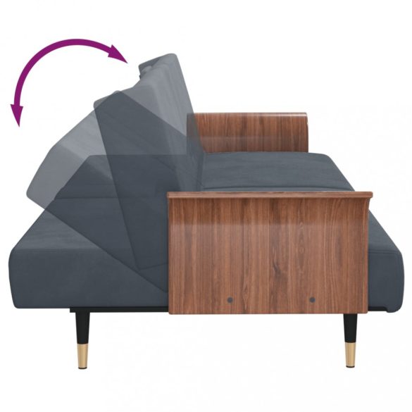 sötétszürke bársony kanapéágy pohártartókkal