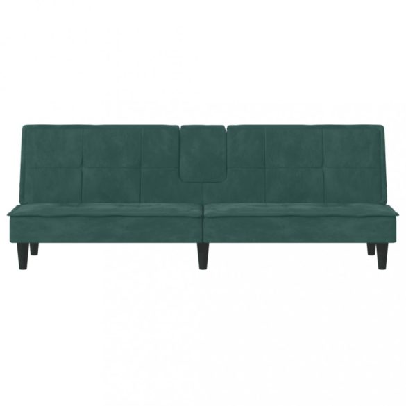 sötétzöld bársony kanapéágy pohártartókkal