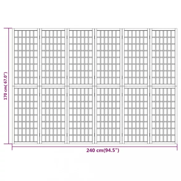6-paneles fehér japán stílusú összecsukható paraván 240x170 cm