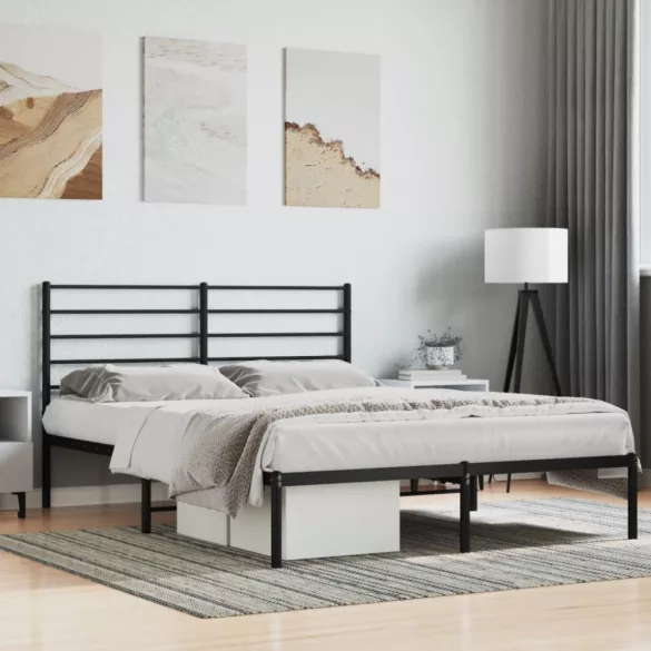 fekete fém ágykeret fejtámlával 150 x 200 cm