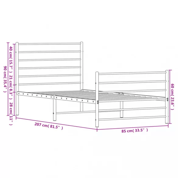fekete fém ágykeret fej- és lábtámlával 80 x 200 cm