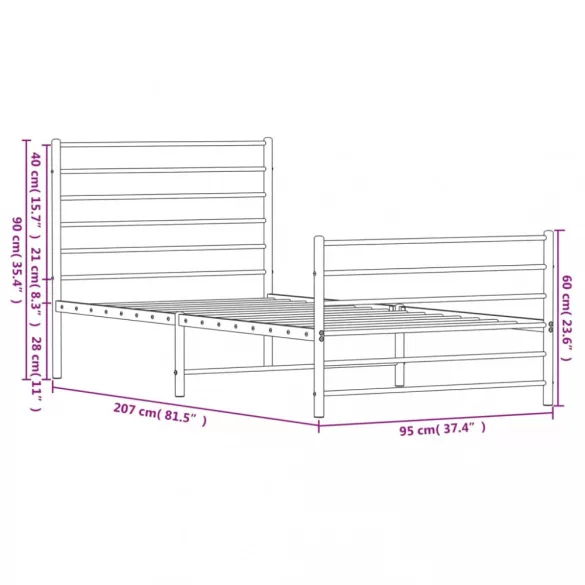 fekete fém ágykeret fej- és lábtámlával 90 x 200 cm