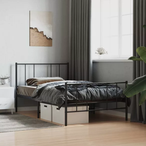 fekete fém ágykeret fej- és lábtámlával 75 x 190 cm