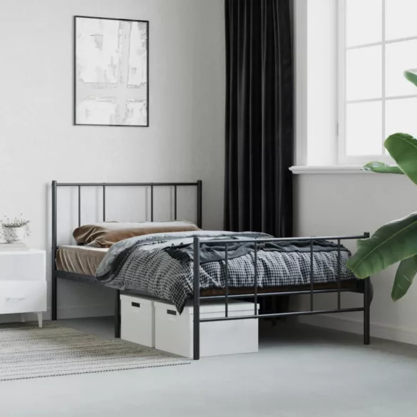 fekete fém ágykeret fej- és lábtámlával 75 x 190 cm