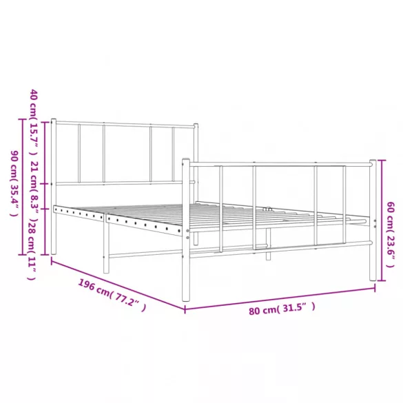 fekete fém ágykeret fej- és lábtámlával 75 x 190 cm