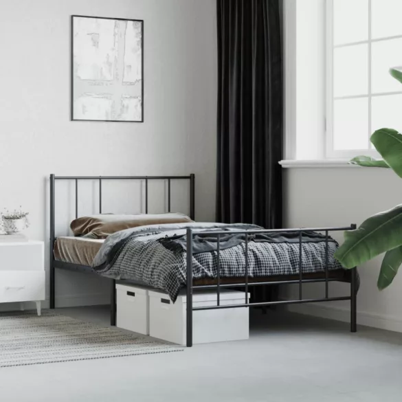 fekete fém ágykeret fej- és lábtámlával 80 x 200 cm