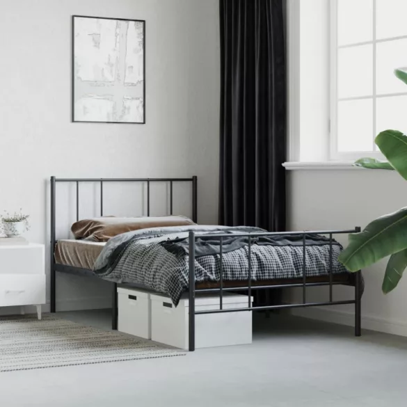 fekete fém ágykeret fej- és lábtámlával 90 x 190 cm