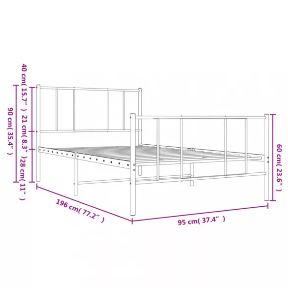 fekete fém ágykeret fej- és lábtámlával 90 x 190 cm