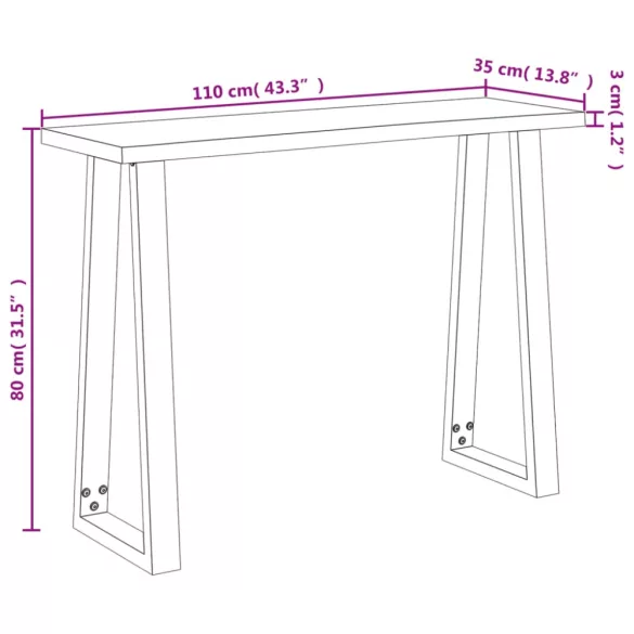 tömör akácfa konzolasztal természetes éllel 110x35x80 cm