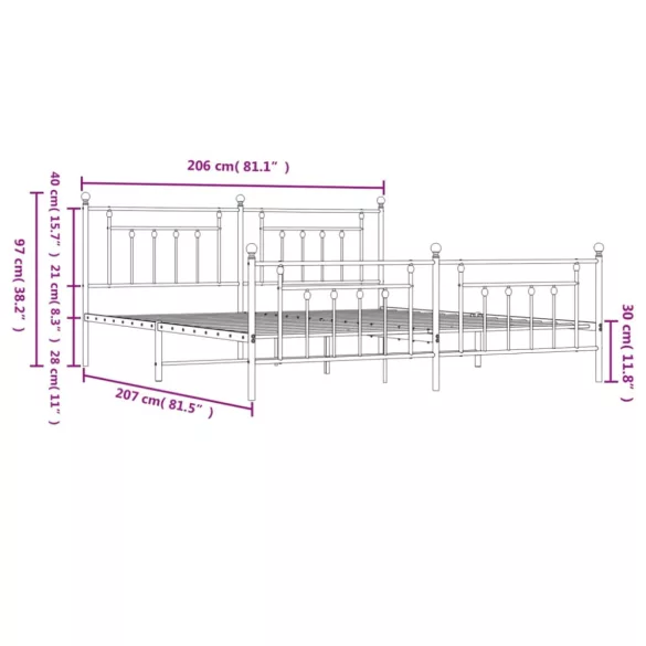 fehér fém ágykeret fej- és lábtámlával 200x200 cm