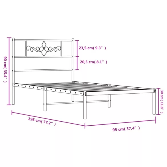 fekete fém ágykeret fejtámlával 90 x 190 cm