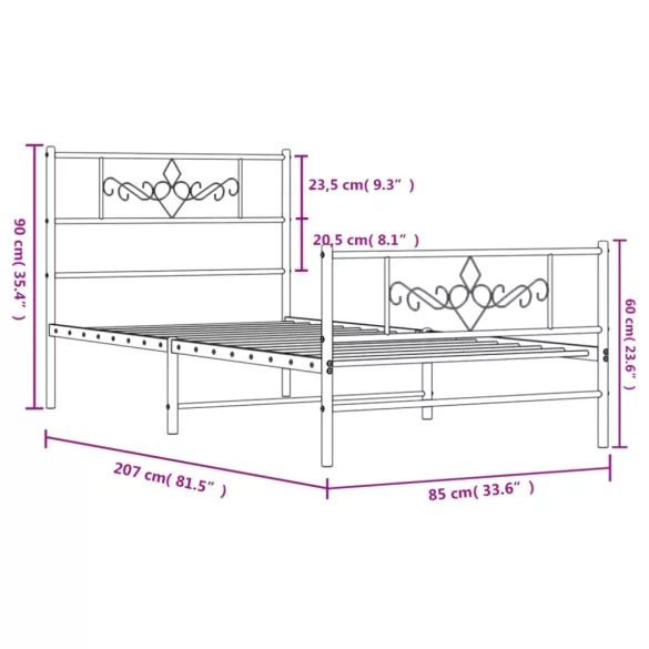 fekete fém ágykeret fej- és lábtámlával 80 x 200 cm