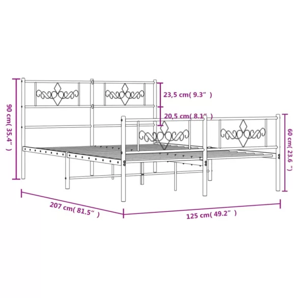 fekete fém ágykeret fej- és lábtámlával 120 x 200 cm