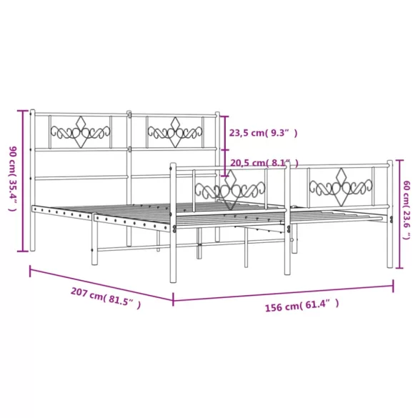 fehér fém ágykeret fej- és lábtámlával 150x200 cm