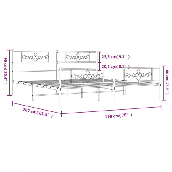 fehér fém ágykeret fej- és lábtámlával 193 x 203 cm