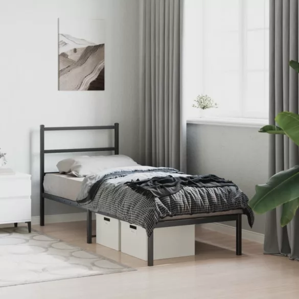 fekete fém ágykeret fejtámlával 75 x 190 cm