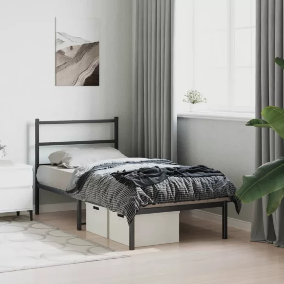 fekete fém ágykeret fejtámlával 90 x 190 cm