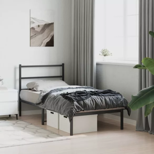 fekete fém ágykeret fejtámlával 90 x 200 cm