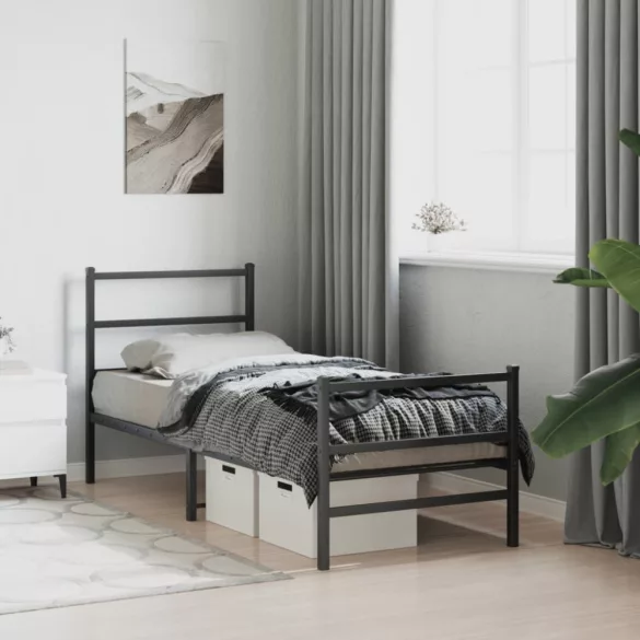 fekete fém ágykeret fej- és lábtámlával 75 x 190 cm