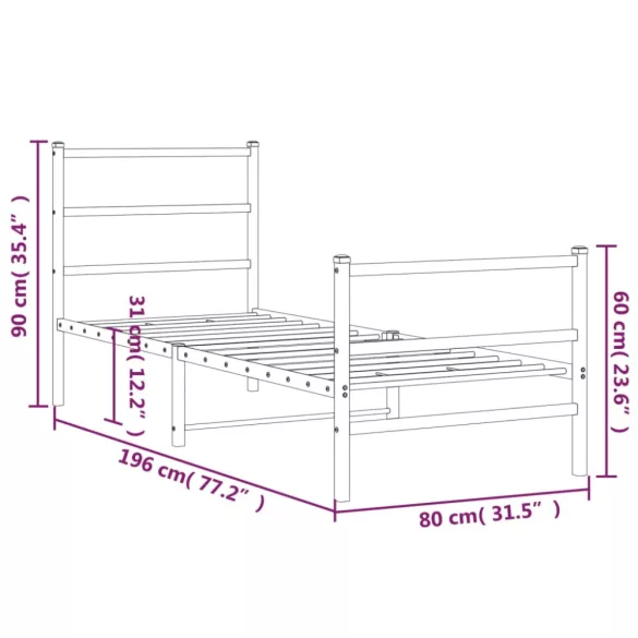 fekete fém ágykeret fej- és lábtámlával 75 x 190 cm