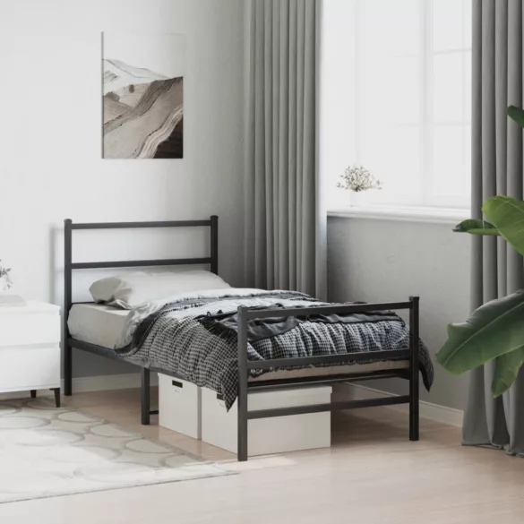 fekete fém ágykeret fej- és lábtámlával 90 x 190 cm