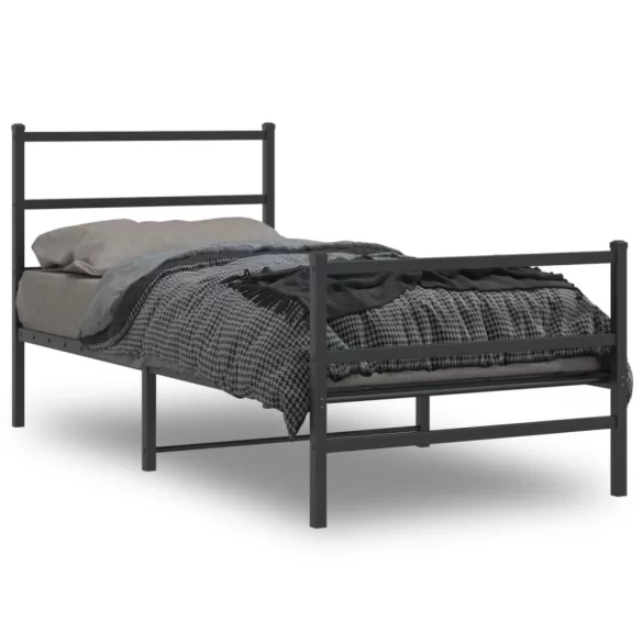 fekete fém ágykeret fej- és lábtámlával 90 x 200 cm