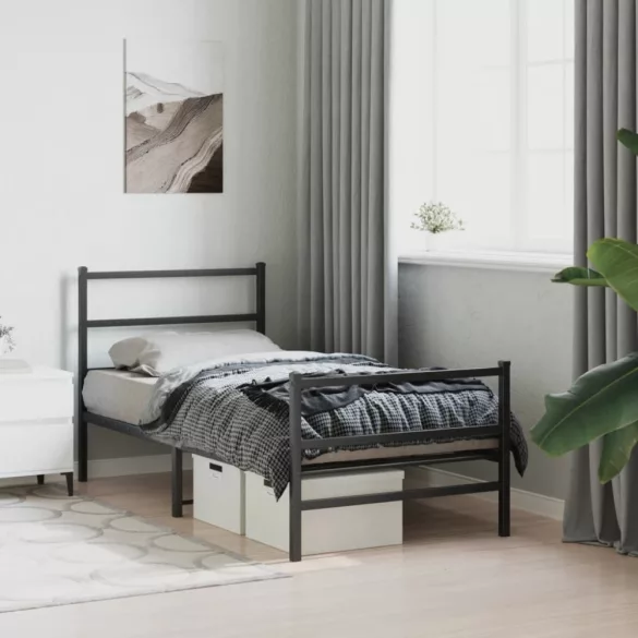 fekete fém ágykeret fej- és lábtámlával 90 x 200 cm