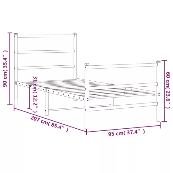 fekete fém ágykeret fej- és lábtámlával 90 x 200 cm