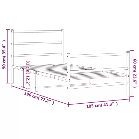 fehér fém ágykeret fej- és lábtámlával 100 x 190 cm