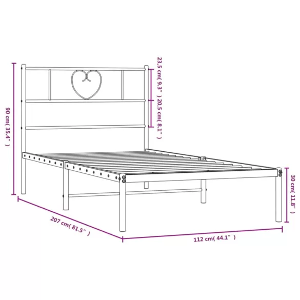 fehér fém ágykeret fejtámlával 107x203 cm