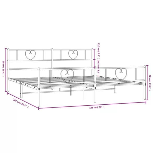 fehér fém ágykeret fej- és lábtámlával 193 x 203 cm
