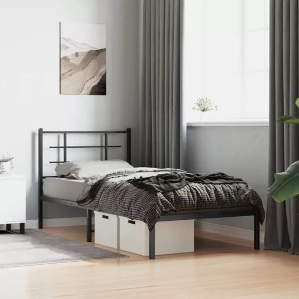 fekete fém ágykeret fejtámlával 90 x 200 cm