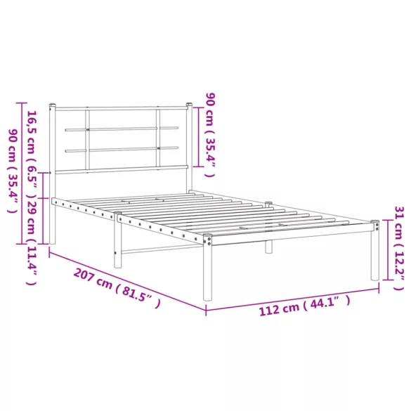 fekete fém ágykeret fejtámlával 107 x 203 cm